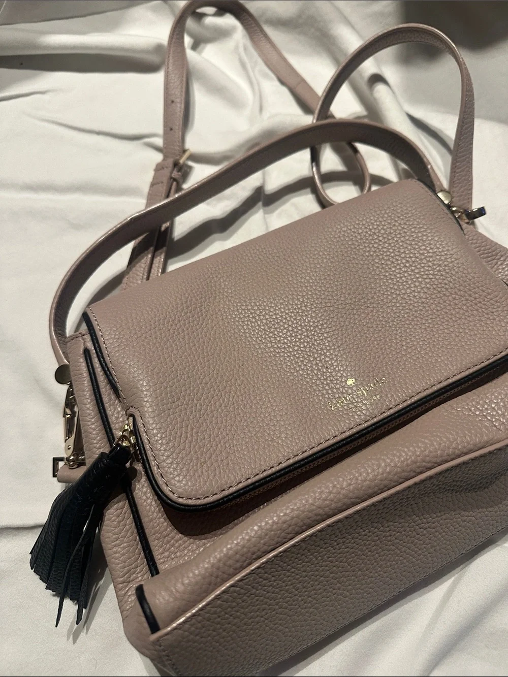 kate spade mauve taupe pebbled leather crossbody with tassel
